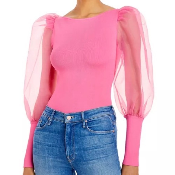 Alice + Olivia Sweaters - Alice + Olivia French Rose Pink Puff-Sleeve Scoop Neck Sweater
